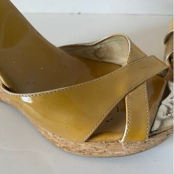 Jimmy Choo Y2K Patent Leather Tan Crossover Mule Cork Wedge Sandals • Size 39.5 - Picture 7 of 9